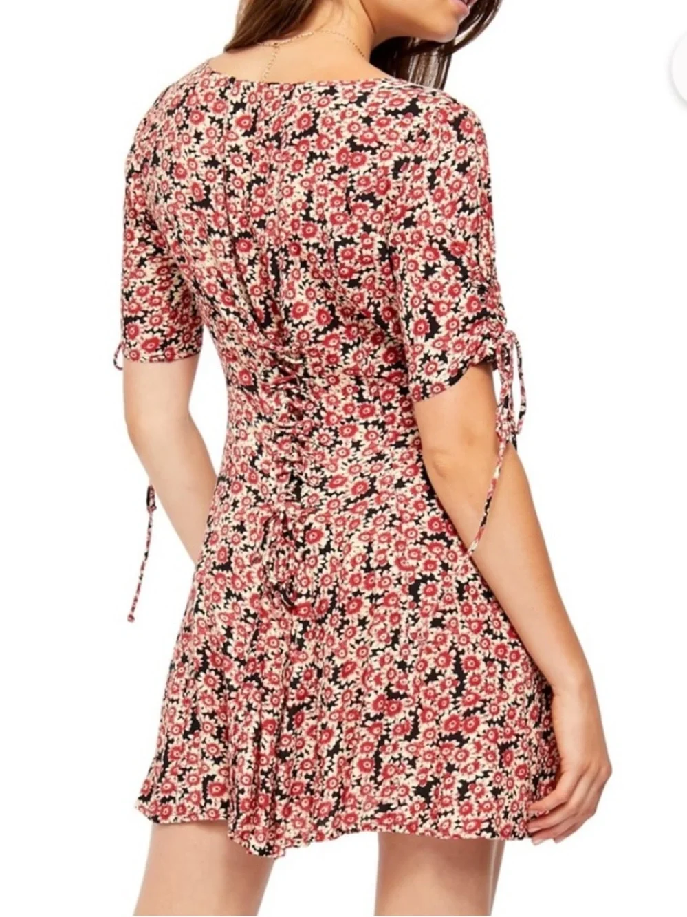 Free People Lace Up Mini Black Combo Dress Buttoned Front Ditsy Floral Print S